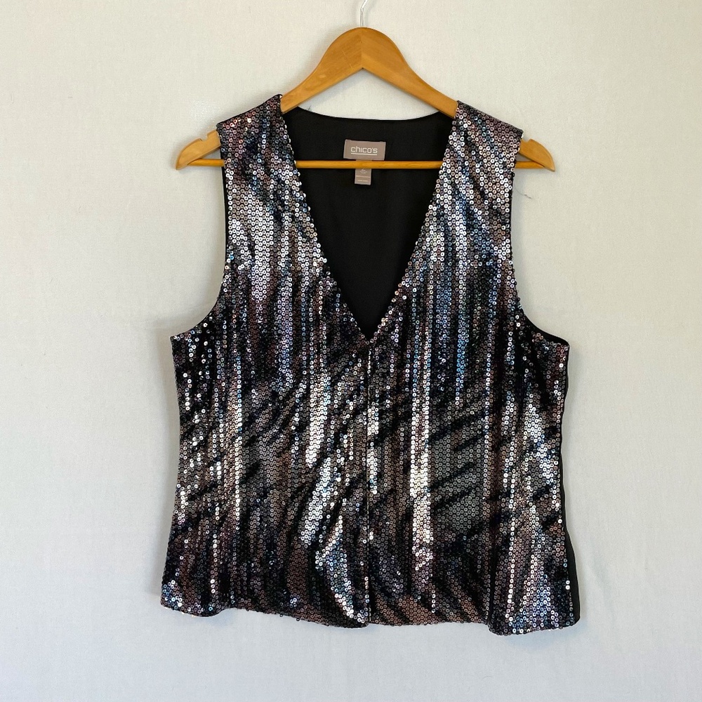 CHICO'S Women's Size 2 US Large Sequin Animal Print V-neck Vest